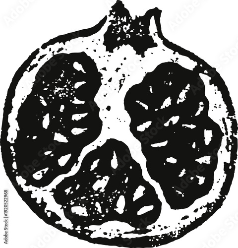 Black and white pomegranate silhouette with seeds fruit illustration in vintage engraving