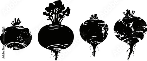 black silhouette turnip vegetable set root tuber natural healthy food illustration
