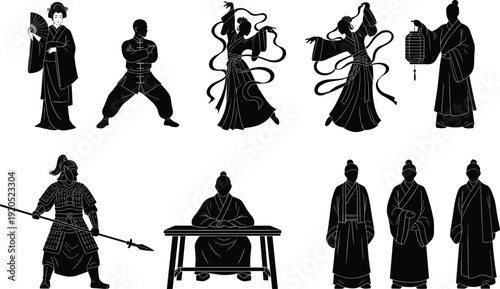 Ancient Chinese people silhouette set including warrior dancer scholar and traditional cultural characters illustration