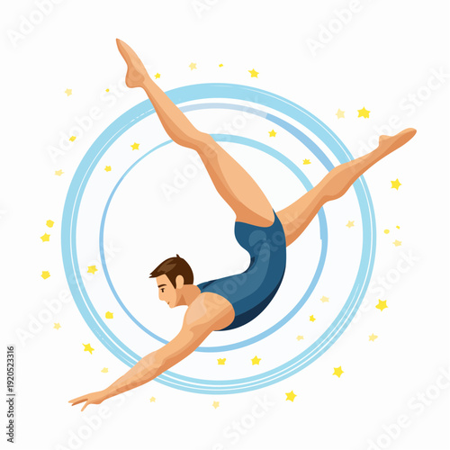 Man diving into water with circular motion and sparkles illustration