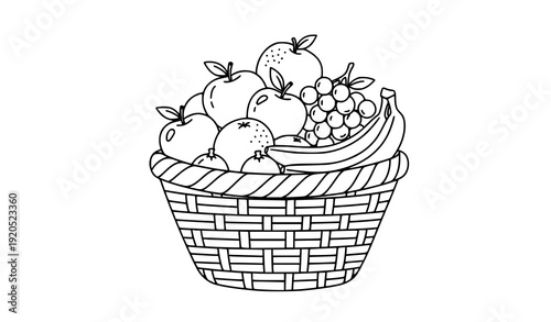 Woven basket overflowing with fresh fruits minimalist black outline harvest vector illustration