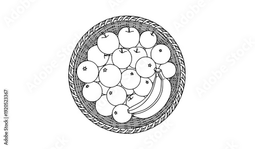 Top view woven fruit basket full of fresh produce minimalist black line vector illustration