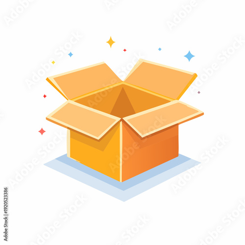 Cheerful open gift box graphic with shiny confetti, representing a delightful unboxing experience or special delivery