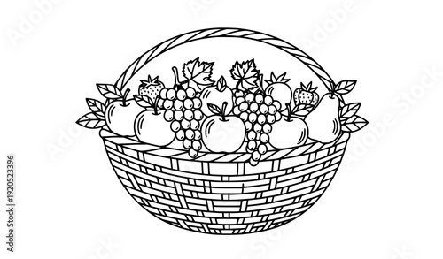 Decorative woven fruit basket farm harvest label style black outline vector illustration