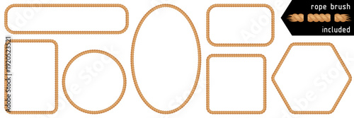 Rope frames. Set of string borders made of brush. Rectangular, round, oval, square, hexagon shapes for decorative sea, nautical, cowboy designs. Vector illustration isolated on white background.