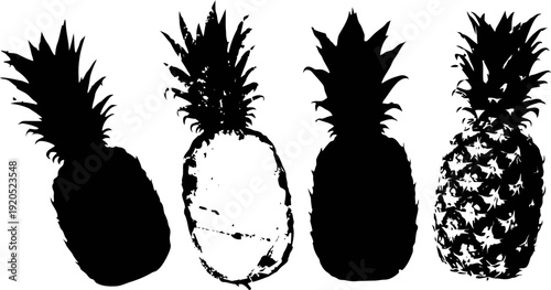Four black silhouette pineapples in different styles isolated on white background