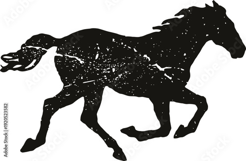 Silhouette of galloping horse with dynamic motion and natural texture on white background