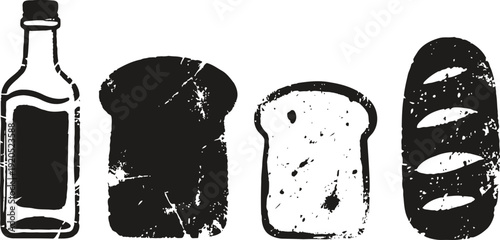 Vintage black and white silhouette of bottle and bread varieties set, rustic bakery food elements