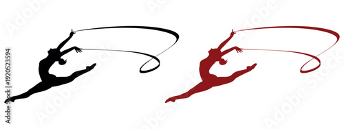 Rhythmic Gymnastics Girl Jumping with Ribbon Silhouette for Sports and Dance Vector Illustration.
