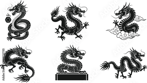 Asian Dragon Silhouette Collection Set Traditional Chinese Mythical Creature Black Vector Illustration Isolated
