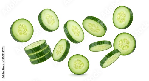 Fresh cucumber slices captured falling midair, isolated on white background with clipping path for food advertising.
