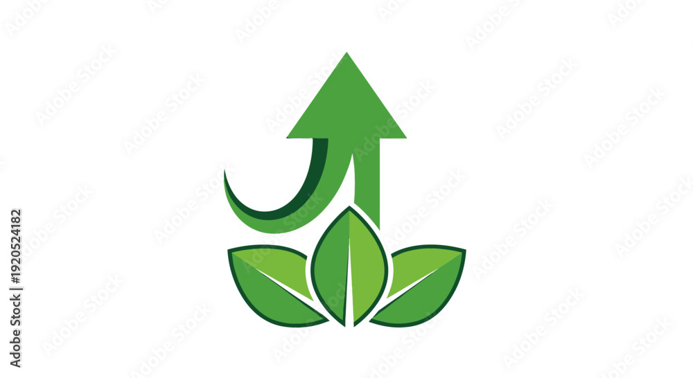 Obraz premium Green leaves and upward arrow symbolizing growth and sustainability in a simple illustration