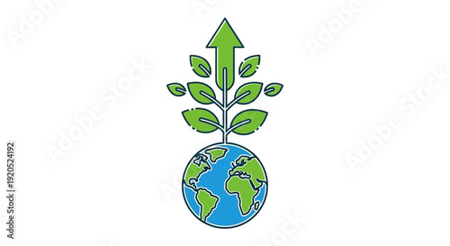 A green plant growing out of the Earth with leaves and an upward arrow symbolizing growth and harmony with nature