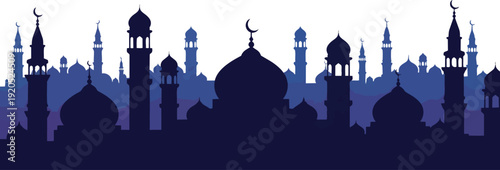 Islamic Mosque Silhouette with Minarets and Domes.
