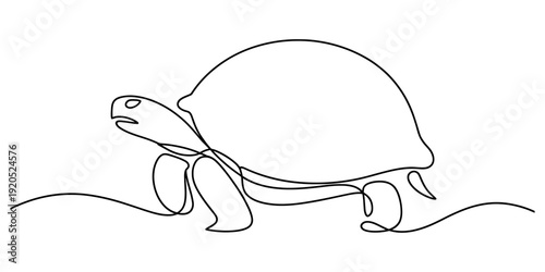 A simple continuous line art drawing of a tortoise walking slowly across a flat surface. Vector, illustration