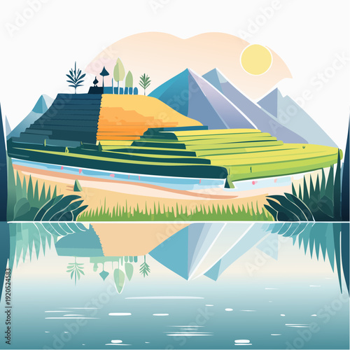 Idyllic terraced fields reflecting in a tranquil lake, framed by majestic mountains and lush greenery under a bright sun