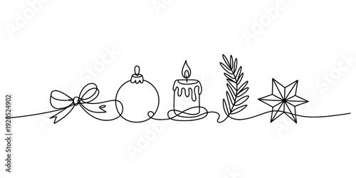 A continuous line drawing of christmas symbols, including a bow, ornament, candle, fir sprig, and star, against a white background. Vector, illustration