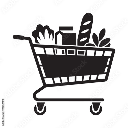 A black and white illustration of a shopping cart filled with groceries