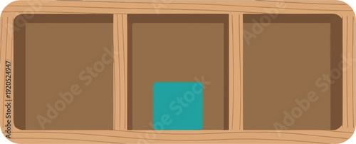 Empty wooden shelf with single teal box in center compartment, minimalist storage concept illustration