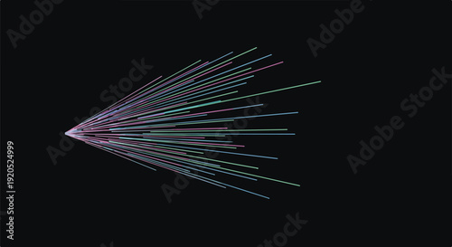 Abstract burst of colorful light lines on a black background, representing digital data, speed, technology, and futuristic energy flow.
