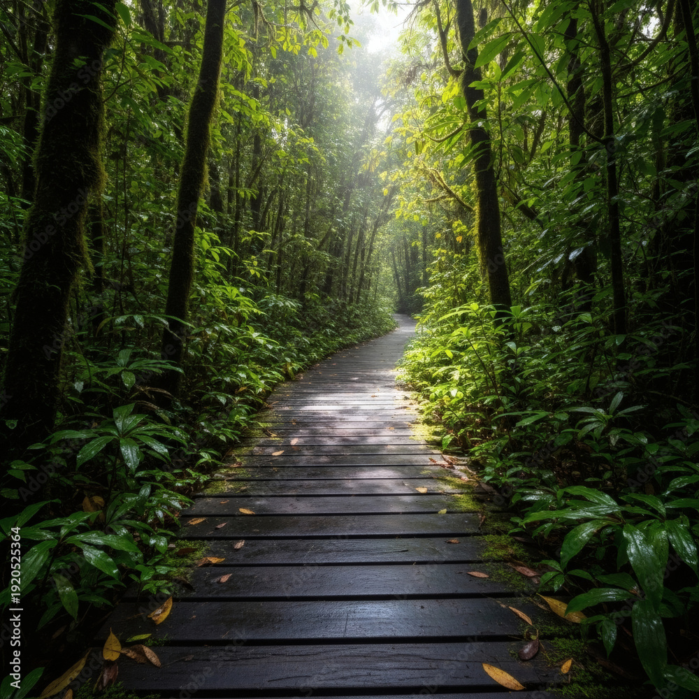 Obraz premium Wooden Boardwalk Through Forest Path.