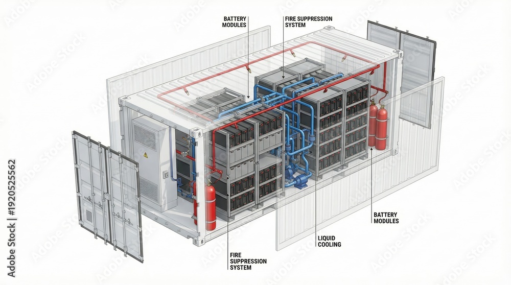 Obraz premium 3D Technical Cutaway of Battery Energy Storage System Container Showing Internal Components and Engineering