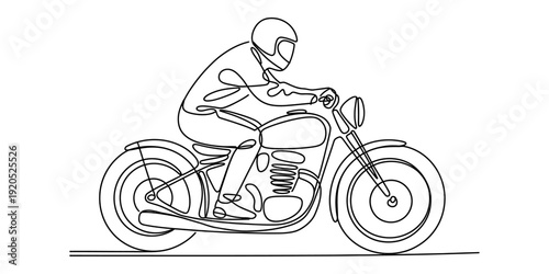 Continuous line drawing of a person wearing a helmet and riding a classic motorcycle on the road Vector, illustration