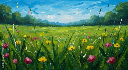 Vibrant impressionist painting of a sunlit meadow with wildflowers