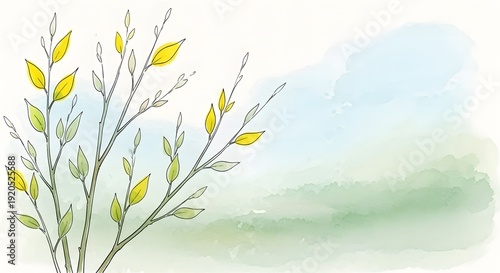 Watercolor painting of delicate branches with yellow leaves