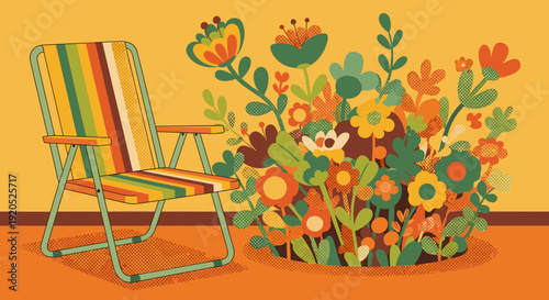 Retro 70s style illustration of a bright striped folding chair next to a huge flowerbed with exaggerated shapes, flat colors and halftone texture