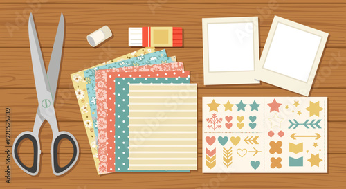 Flat vector illustration, top view of scrapbooking supplies laid out on a wooden table, scissors, patterned paper, glue stick, stickers and photo frames, neat composition