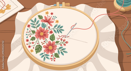 Flat vector illustration, close-up of embroidery hoop with detailed floral pattern, colored threads and needle visible, fabric stretched, table surface indoors, top view,