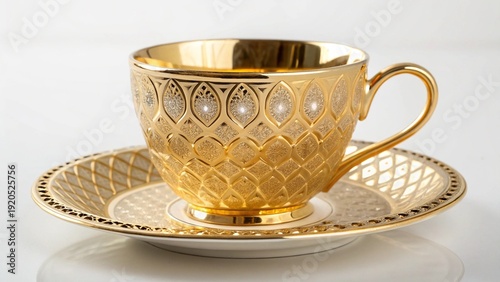 A white porcelain cup and saucer with a gold rim hold a hot breakfast beverage of black coffee or tea, isolated as a ceramic object on a clean plate for a morning cafe drink