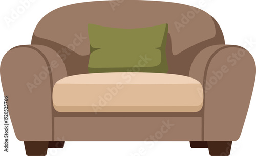 Cozy Brown Armchair with Green Cushion Isolated on White Background Vector Illustration