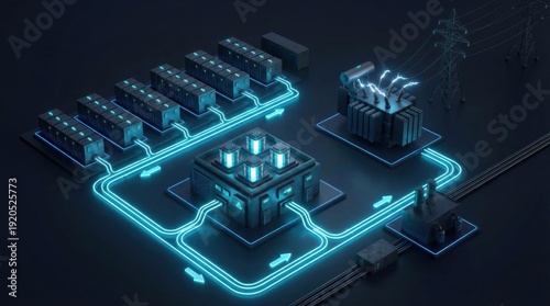 3D Isometric Energy Flow Diagram Showing Battery Storage to Grid Power Connection Infrastructure