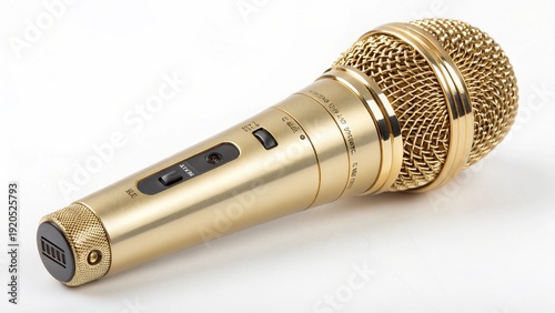 Isolated flashlight and black studio microphone with cable on white background for audio recording and music broadcasting equipment