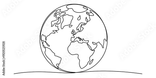 Simple black and white continuous line art illustration of the globe on a line. Vector, illustration