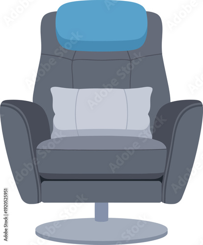 Modern gray recliner armchair with blue headrest and cushion, isolated vector illustration