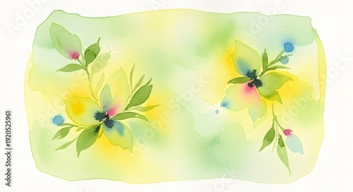 Abstract watercolor flowers with yellow, green, and blue accents