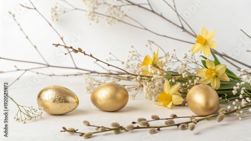 Shiny golden Easter eggs nestled among festive flowers create a seasonal holiday decoration reminiscent of a winter celebration with gold baubles and glass ornaments for a new year