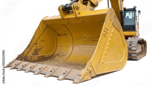 A heavy yellow hydraulic excavator and bulldozer work on an industrial construction site, using powerful machinery to dig into the dirt and move earth for a new building road
