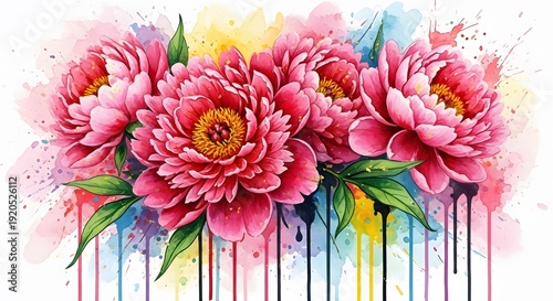 Pink peonies with colorful watercolor splashes