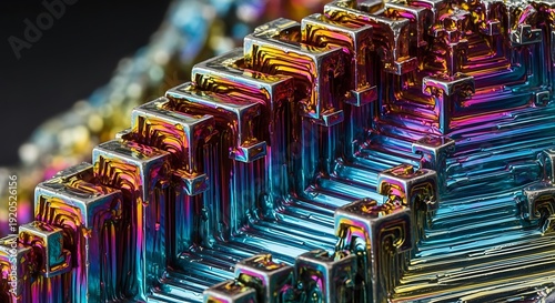 A close-up view of crystalline bismuth structures showcasing vibrant colors and a unique stair-step formation