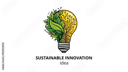 Black outline colorful art of lightbulb with leaves and circuit paths, sustainable innovation idea concept