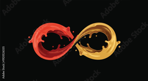 Dynamic red and golden liquid splashes forming an elegant infinity symbol, representing endless flow, connection, and harmonious fusion on a dark background.