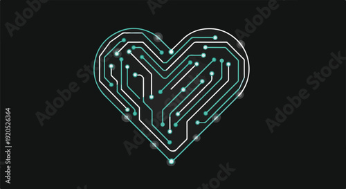 Digital Heart Circuit Board Design: A futuristic symbol of love, connection, and artificial intelligence, blending technology with human emotion.