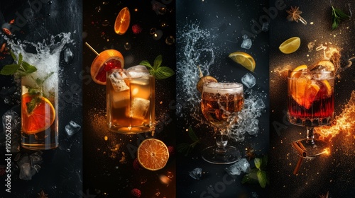 Cocktail explosion with splashing drinks and ingredients.