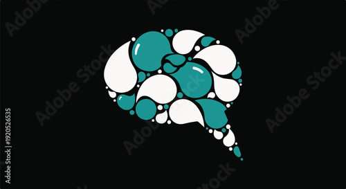 Abstract brain shape made of colorful teardrop bubbles on a black background, representing ideas and thoughts