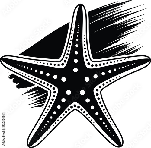 Black vector silhouette of a detailed starfish with white spots over a creative brush stroke background for beach ocean travel and coastal branding