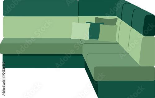 Modern green sectional sofa illustration with cushions for interior design and home decor projects